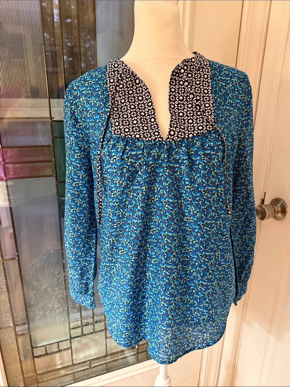J. Crew Teal Floral Split-Neck Blouse with Contrasting Navy Yoke